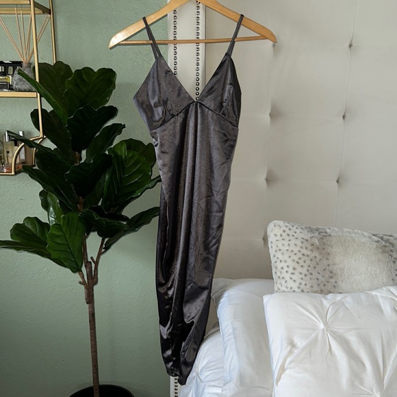 Dresses Lauras Boutique Steel Colored Satin Midi Dress Poshmark